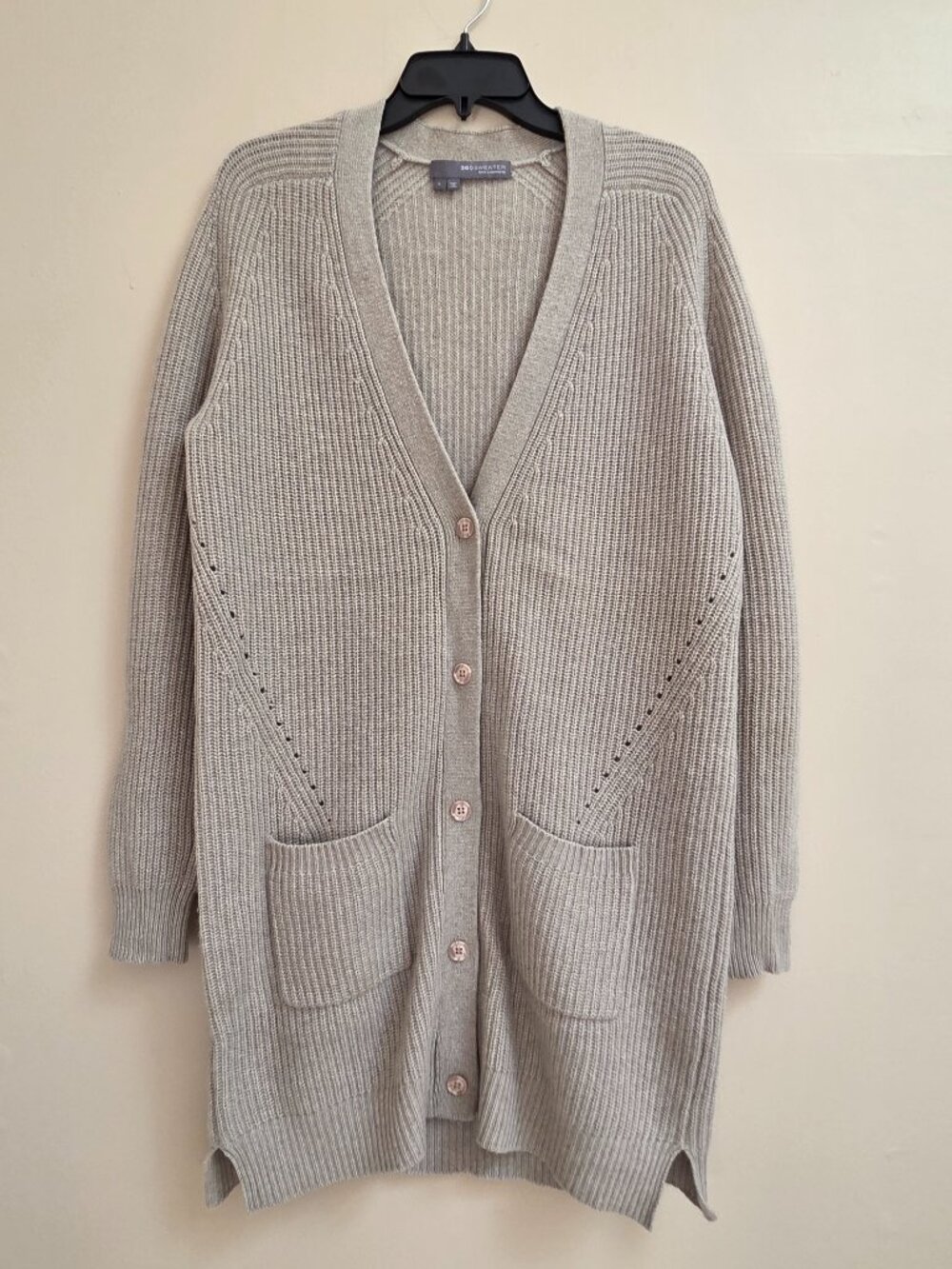 360 Sweater Women's L Long Cardigan 100% Cashmere Beige Patch Pockets Cottage